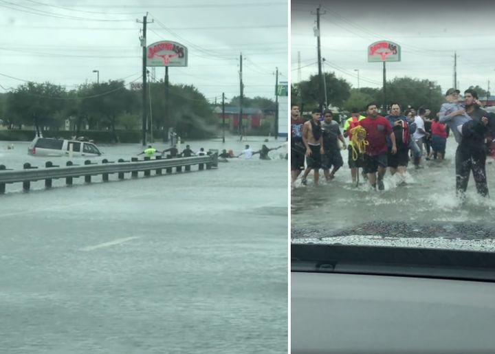 People are seen forming a human chain to rescue a man who was trapped in a sinking car.