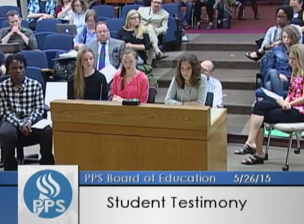 Sophia Carlson and three other middle school students spoke at a Portland Public School board hearing in protest of dress codes.