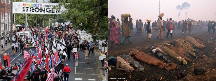 Left: White Nationalists rally amid protesters in Charlottesville, USA 2017. Right: Roads lined with bodies of victims, as refugees flee to crowded camps during the Rwandan Genocide in 1994.