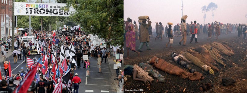 Left: White Nationalists rally amid protesters in Charlottesville, USA 2017. Right: Roads lined with bodies of victims, as re
