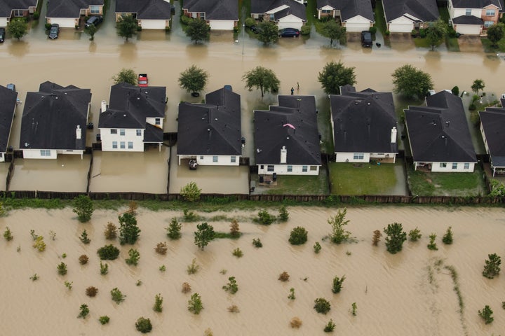 HOUSTON, TEXAS -- TUESDAY, AUGUST 29, 2017: Residential neighborhoods near the Interstate 10 sit in floodwater in the wake of Hurricane Harvey on August 29, 2017 in Houston, Texas. (Marcus Yam / Los Angeles Times)