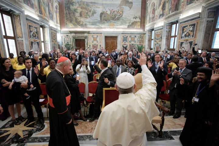 Former White House Press Secretary and Communications Director Sean Spicer takes a picture of Pope Francis, during a special audience at the Vatican August 27, 2017.