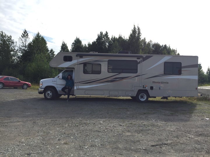 The author and the 33-foot RV she drove through Alaska.