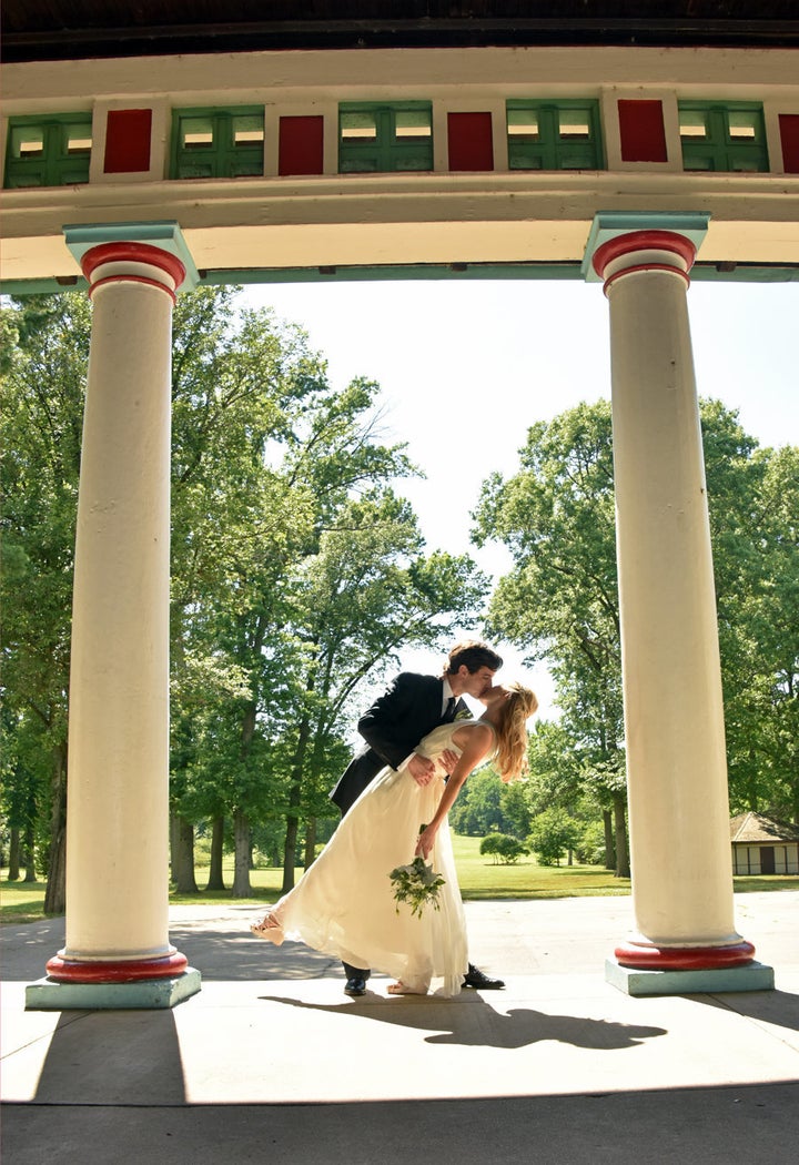 A romantic kiss at the pavilion in Tower Grove Park. 