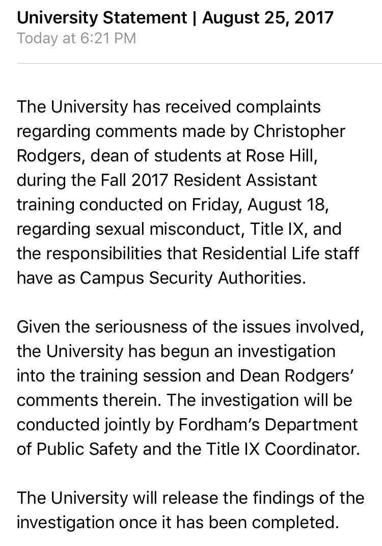 Fordham University’s emailed statement to students.