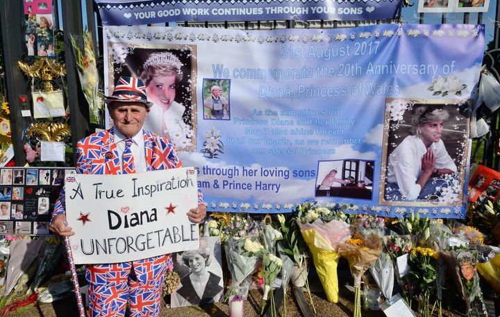Royal fan Terry Hutt amongst tributes to mark the twentieth anniversary of the death of Diana, Princess of Wales, outside Kensington Palace, in London.