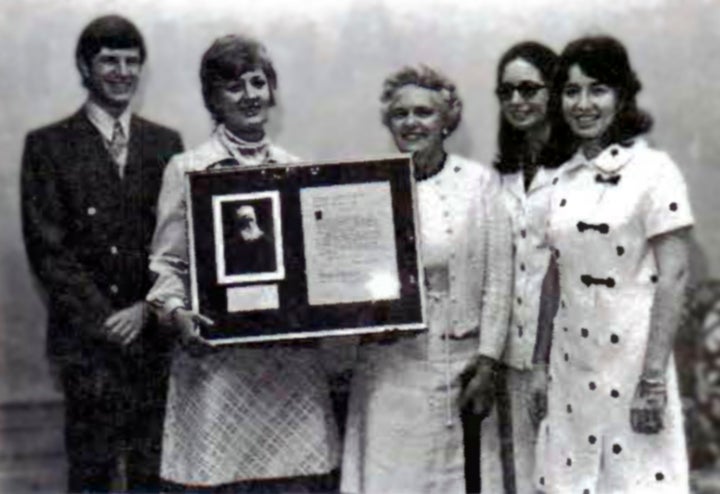 <p>Participants in the 1973 ceremony: Jim Theroux, South Hadley LSA member; Amy Seidel (Marks), Mount Holyoke College Baha’i Club member; Mary Tuttle, Mount Holyoke College Secretary; Marci Girton, Baha’i Club member; Penny Walker, LSA Secretary. (<a href="https://bahai.works/Baha%E2%80%99i_News/Issue_510" target="_blank" role="link" rel="nofollow" class=" js-entry-link cet-external-link" data-vars-item-name="Source" data-vars-item-type="text" data-vars-unit-name="59a8347ee4b00ed1aec9a635" data-vars-unit-type="buzz_body" data-vars-target-content-id="https://bahai.works/Baha%E2%80%99i_News/Issue_510" data-vars-target-content-type="url" data-vars-type="web_external_link" data-vars-subunit-name="article_body" data-vars-subunit-type="component" data-vars-position-in-subunit="4">Source</a>)</p>