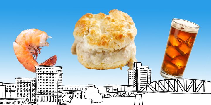 A city banner featuring a shrimp, biscuit, & a glass of ice tea!