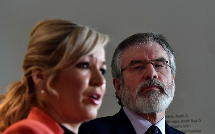 Sinn Fein Northern leader Michelle O'Neill (L) and Sinn Fein President Gerry Adams