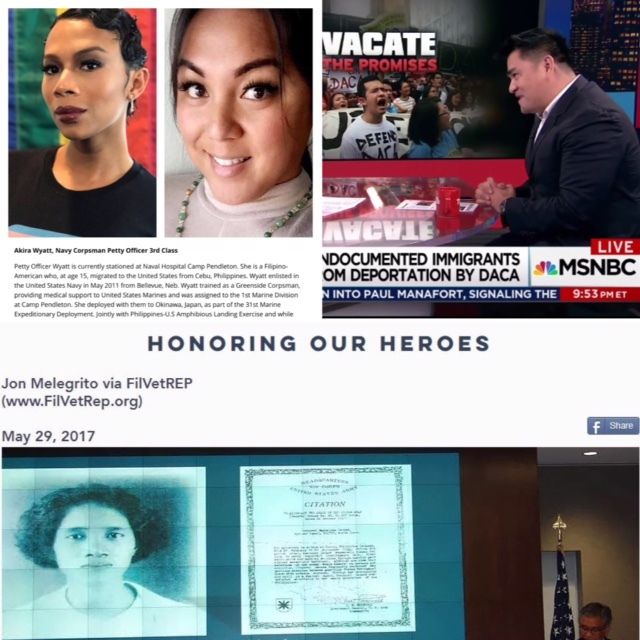 <p>From Top Left: FANHS FB post, Jose Antonio Vargas on <a href="https://www.huffpost.com/news/topic/msnbc">MSNBC</a>, FilVetREP website</p>