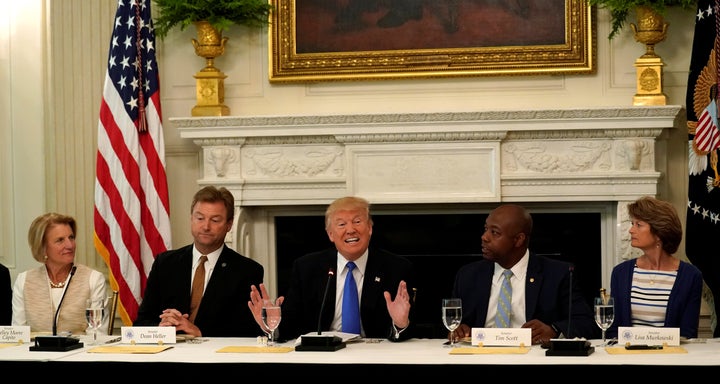 U.S. President Donald Trump speaks during a lunch meeting with Senate Republicans at the White House in Washington, U.S., Jul