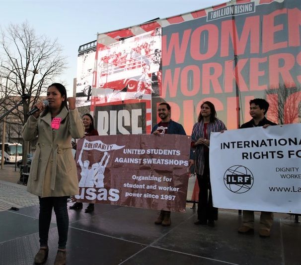 Sophorn Yang, president of the Cambodian Alliance of trade Unions, speaks at a Washington, D.C rally for International Women’s Day.