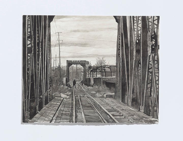 <p>Bridge Scene, 2017, india ink on paper, 8 x 10 1/8 inches</p>