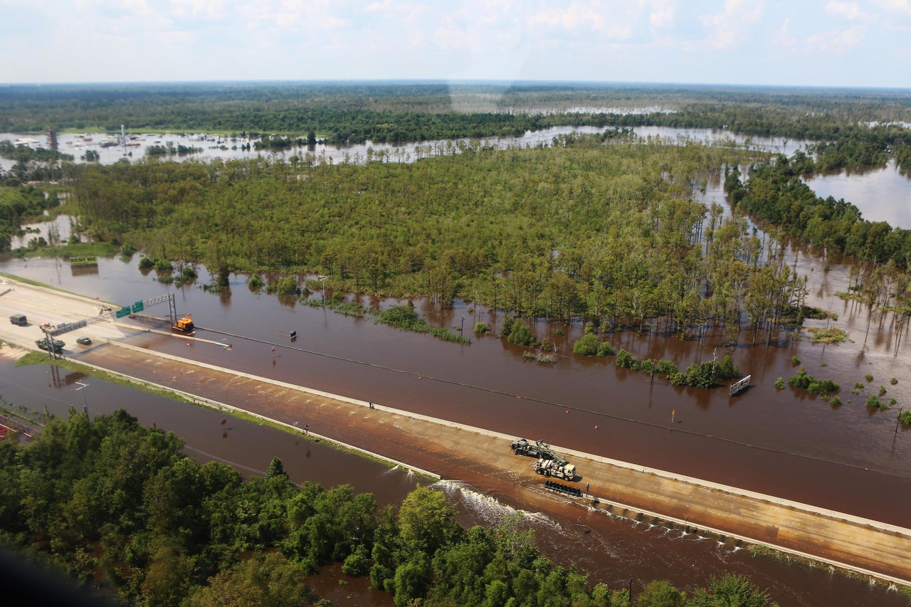 Highway I-10, a major connecting interstate, is underwater near Beaumont, Texas.