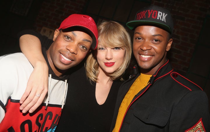 Taylor Swift visits Todrick Hall, left, and Harrison Ghee, right, backstage at the musical "Kinky Boots."