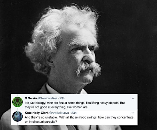 Photo of Mark Twain with tweets from a satirical Twitter thread launched by @manwhohasitall.