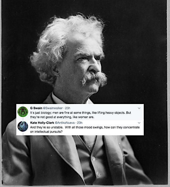 Photo of Mark Twain with tweets from a satirical Twitter thread launched by @manwhohasitall.