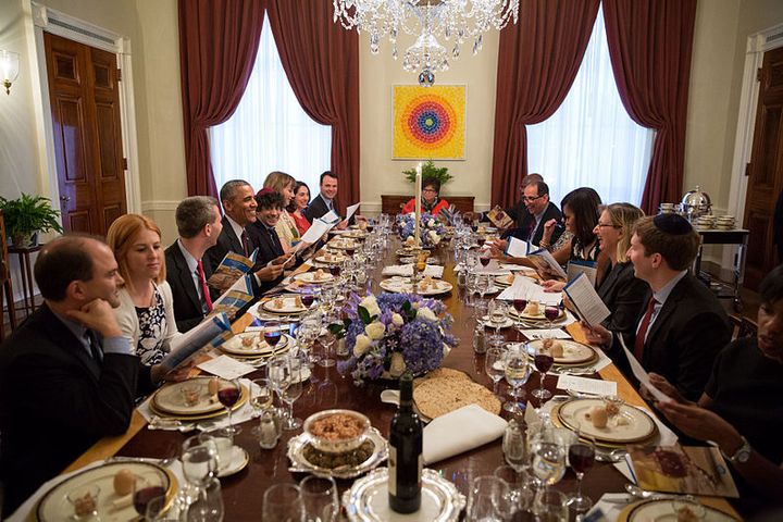 Passover seder in redecorated Family Dining Room, White House, April 2015, President Barack Obama and First Lady Michelle Obama host a Passover Seder 