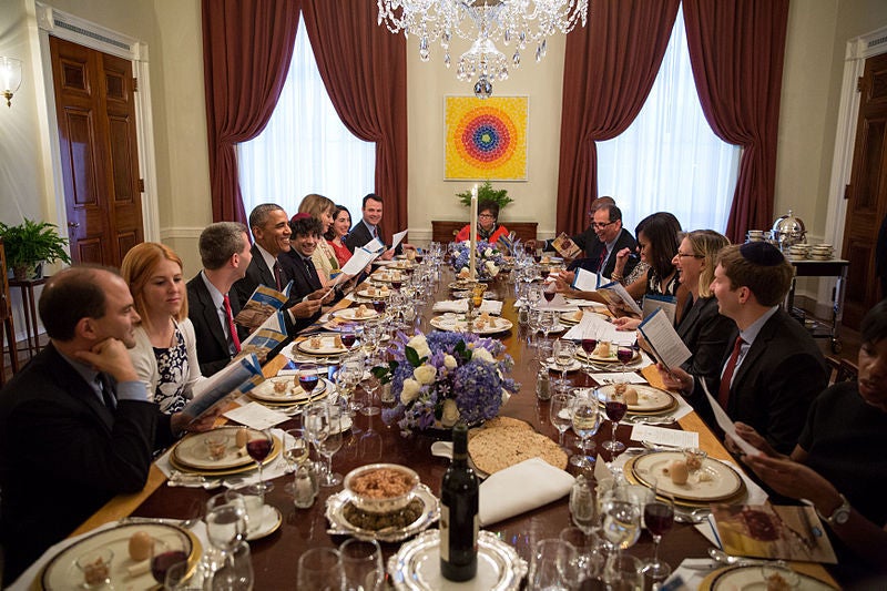 Passover seder in redecorated Family Dining Room, White House, April 2015, President Barack Obama and First Lady Michelle Oba