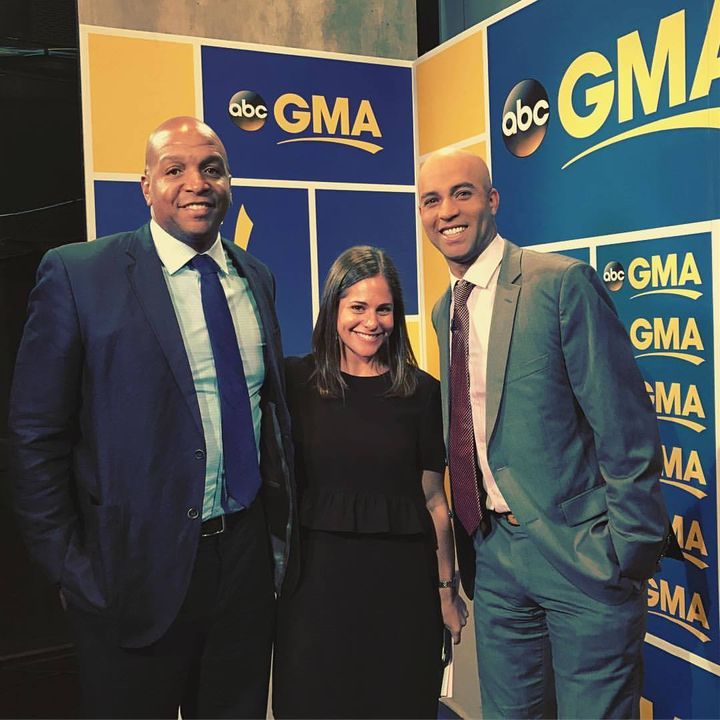 Carlos Flemming (left) with ABC News producer, Ali Ehrlich (center), and U.S. Tennis Association Foundation chairman, James Blake (right), on the set of Good Morning America for the launch of Blake's book "Ways of Grace" in June.