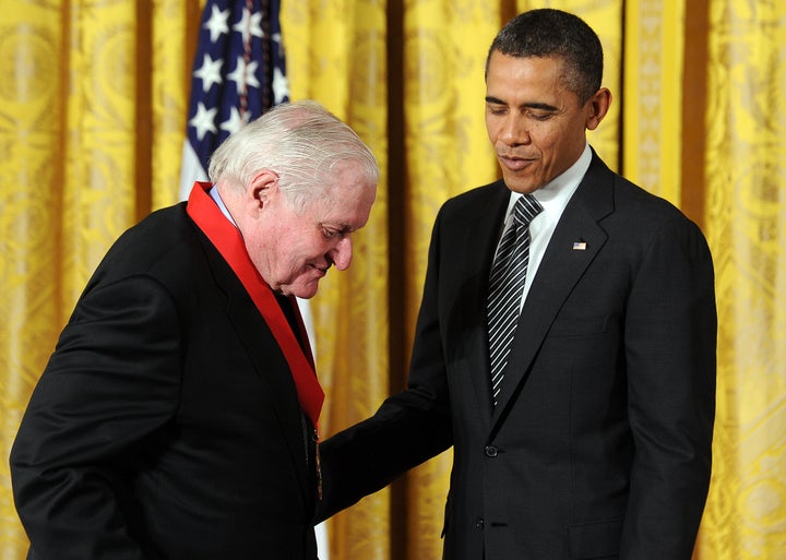 US President Barack Obama presents 2011 National Arts and Humanities Medal to poet John Ashbery during a ceremony in the East