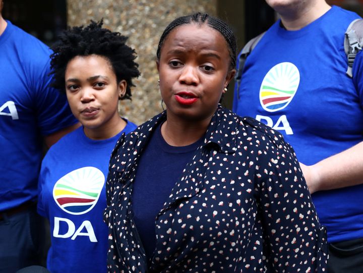 Phumzile Van Damme of the Democratic Alliance National speaks outside the Bell Pottinger offices in London in August.