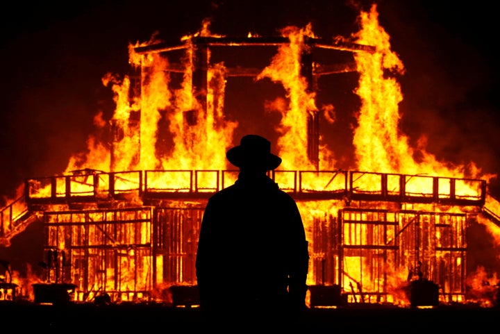 A Burning Man Ranger guards the inner perimeter around the effigy of "The Man" Sept. 2.