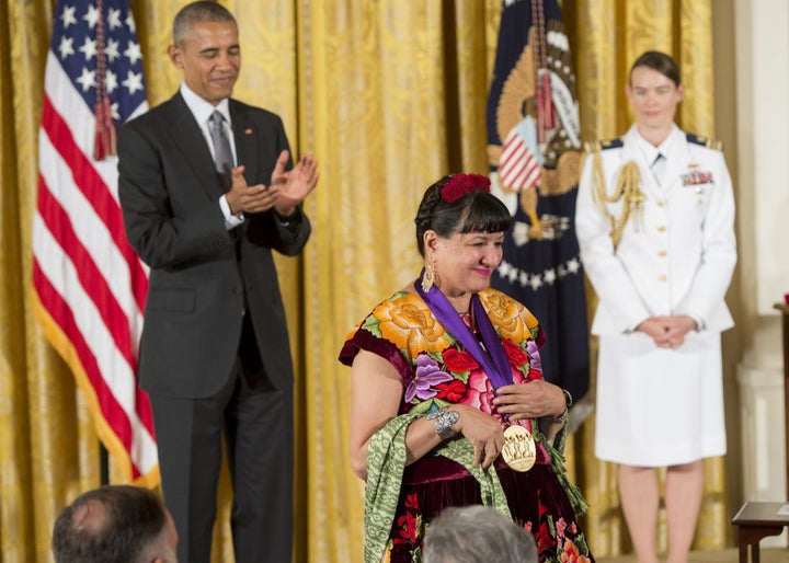 Sandra Cisneros is presented with the 2015 National Medal of Arts. 