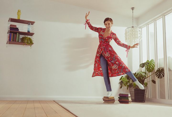 Printed wrap dress, £35; Two tone jeans, £32; Patent kitten heel boots, £56.