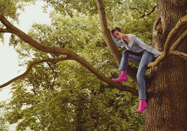 Deconstructed shirt, £30; Two tone jeans, £32; Pink sock boots, £52.