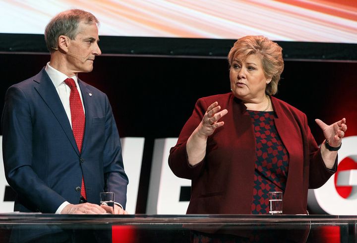 The leader of the Labor Party and PM-candidate Jonas Gahr Støre (left) hopes to replace Conservative PM Erna Solberg in next week’s elections in Norway.