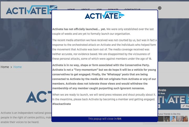 The pop-up currently appearing on the Activate website