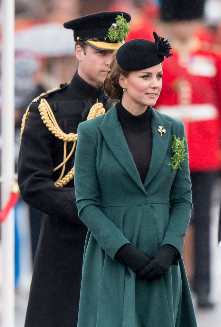 Five months pregnant with Prince George, the Duchess attends the St Patrick's Day Parade, March 2013.