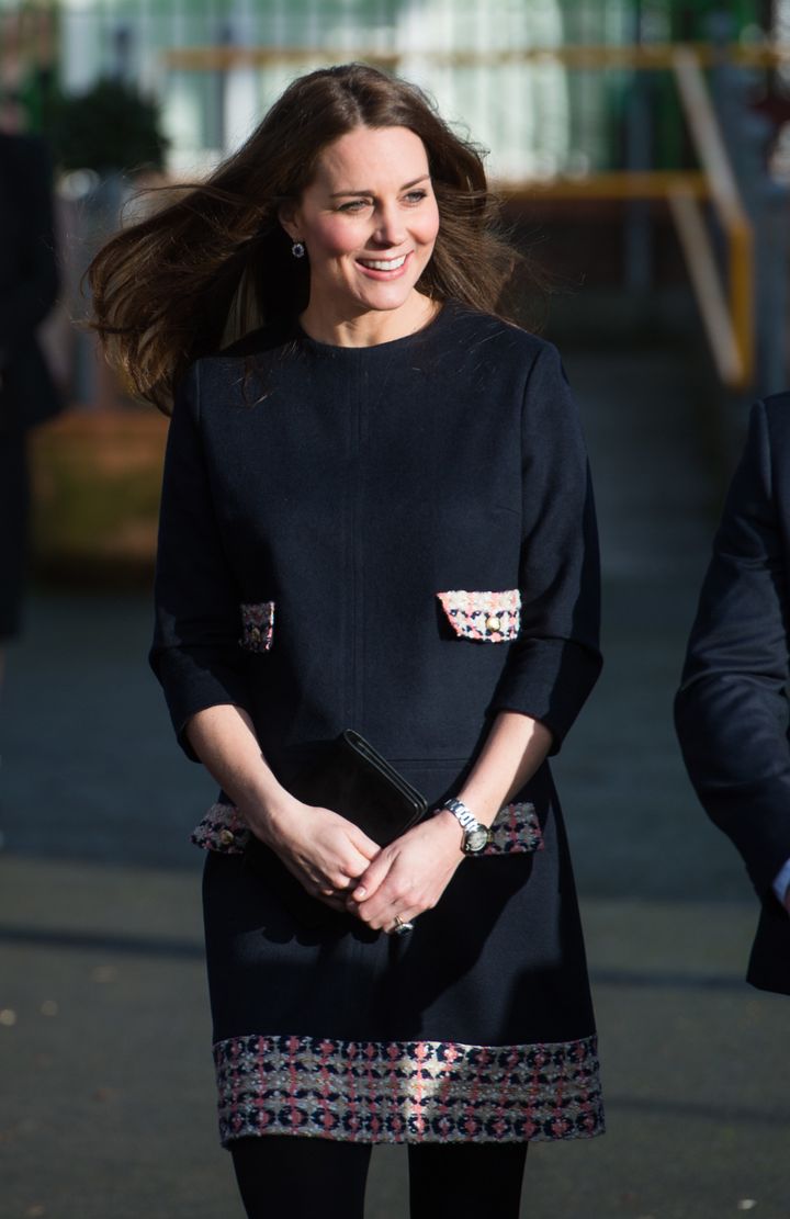 Pregnant with Princess Charlotte, the Duchess visits Barlby Primary School. January 2015.