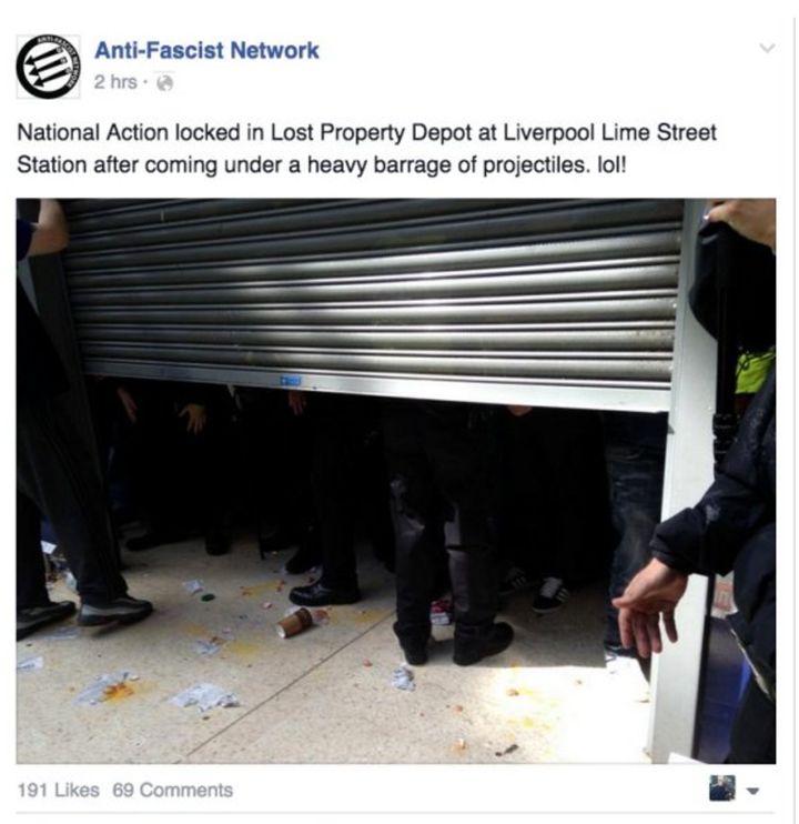 The moment National Action was locked in the lost property depot at Liverpool Lime Street Station after coming under a heavy barrage of projectiles from counter-protesters in 2015