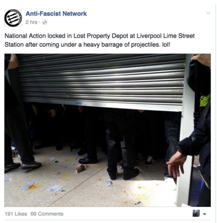 <strong>The moment National Action was locked in the lost property depot at Liverpool Lime Street Station after coming under a heavy barrage of projectiles from counter-protesters in 2015</strong>