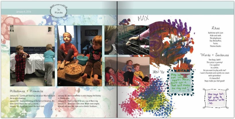 A spread from a yearly photo book , including artwork