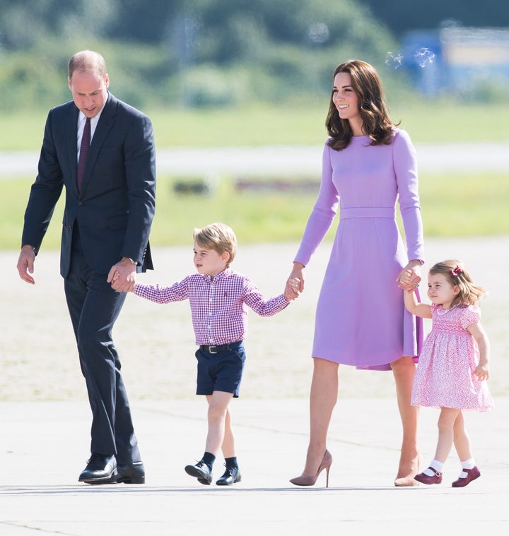 Prince William, Prince George, Princess Charlotte and Catherine, Duchess of Cambridge at the Hamburg airport on July 21.