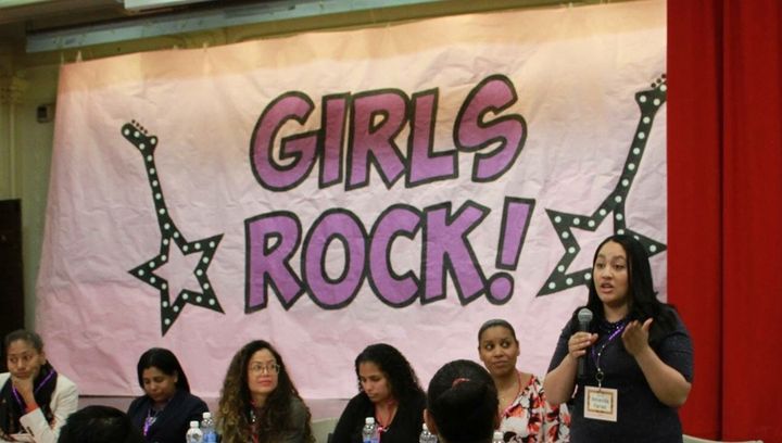 Amanda Farias delivering remarks at a Girls Rock! event