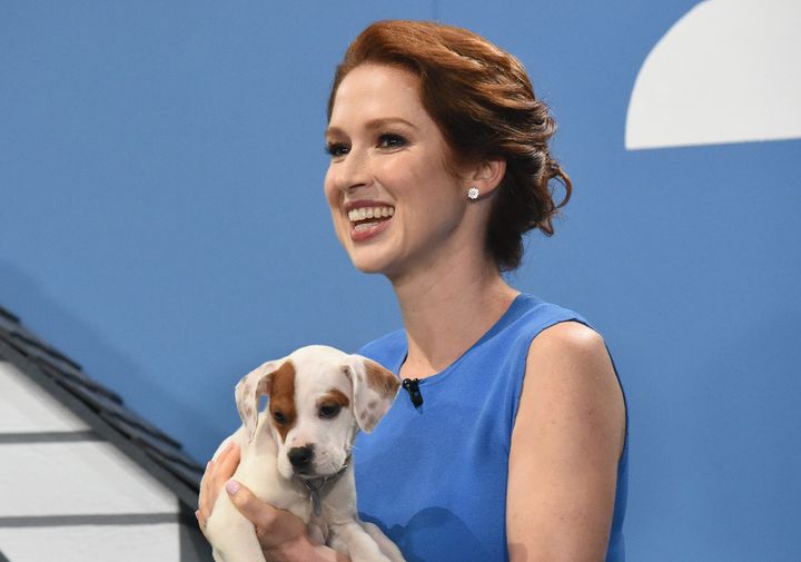 St. Louis native Ellie Kemper holds a puppy on "The Late Show with Stephen Colbert" Aug. 16.