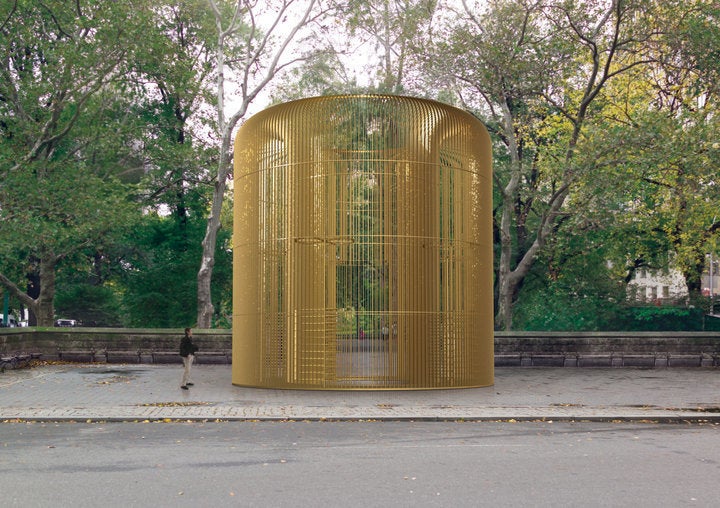 Rendering of one piece in the Public Art Fund project "Good Fences Make Good Neighbors" at the Doris C. Freedman Plaza in New York City.