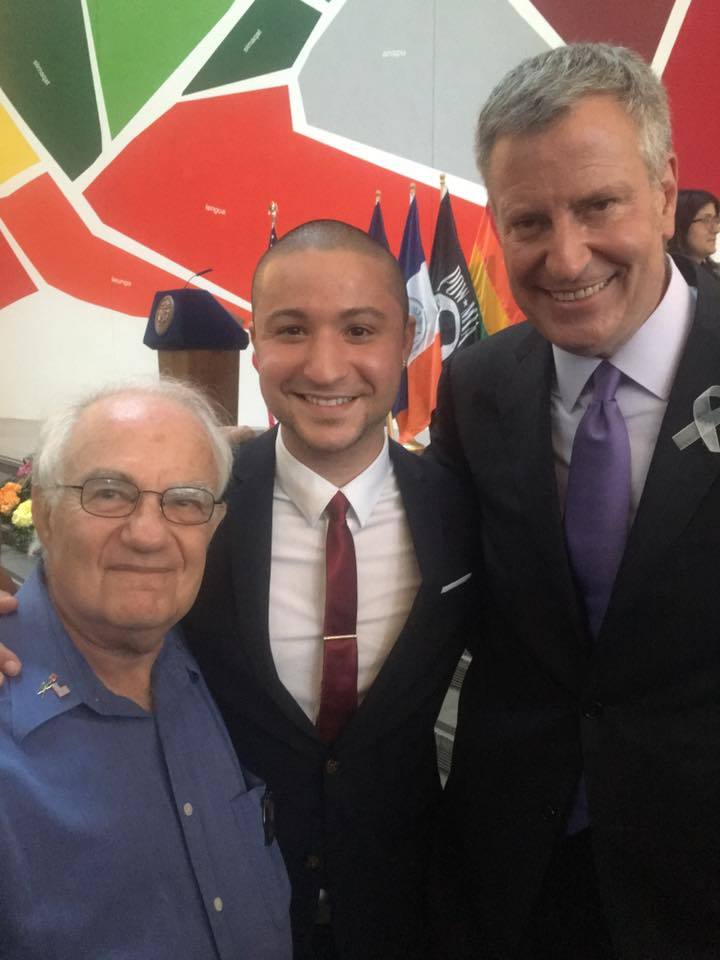 Pictured (l to r) are Lewis Goldstein, Elvin Garcia, and NYC Mayor Bill de Blasio