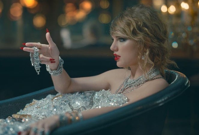 Taylor Swift, sitting in a bathtub full of diamonds, in a still from her latest music video, “Look What You Made Me Do”.