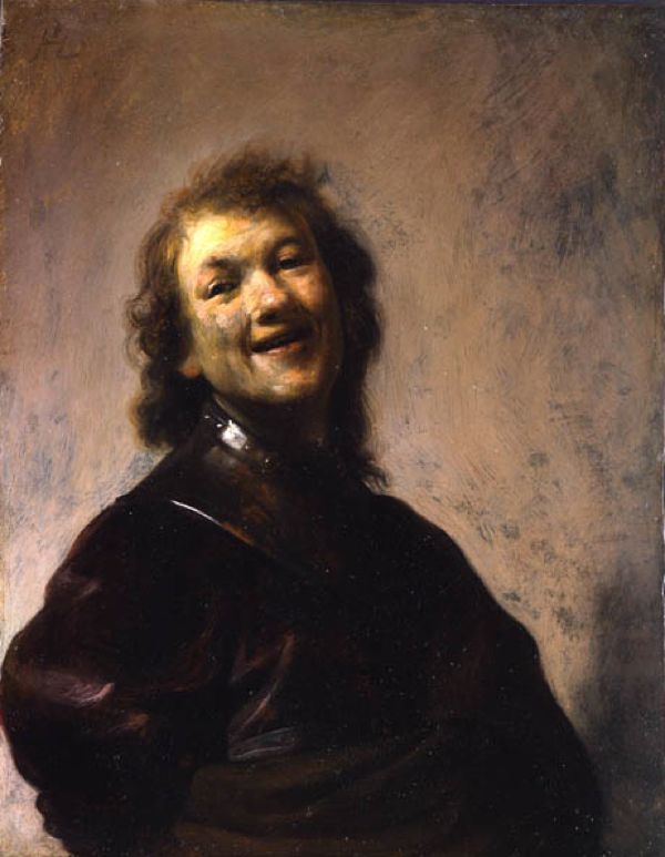 Rembrandt Laughing, about 1628. Rembrandt Harmensz. van Rijn (Dutch, 1606–1669). Oil on copper. 8 3/4 x 6 5/8 in. J. Paul Getty Museum, Los Angeles. Photo courtesy The Getty Museum. 
