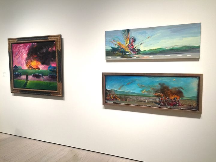 Exhibition installation shot: Painting with Fire: Paintings by Carlos Almaraz. A selection of his iconic car crash paintings. LACMA, Los Angeles. Image by Edward Goldman. 