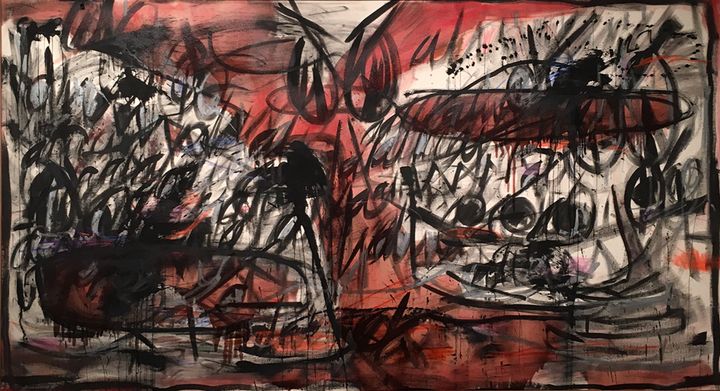 Stephen Cook, The Crow Flies at Midnight… 12:22 (2017) , India ink, oil stick, pastel, raw pigment and epoxy on canvas, 67 1/2 x 121 1/2 inches