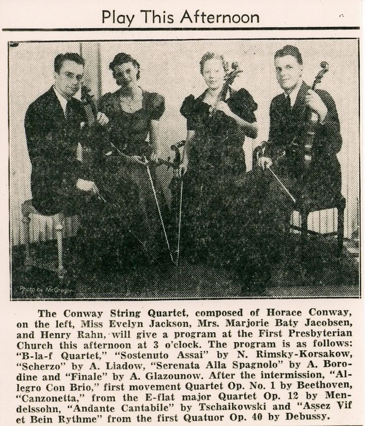 Flicka’s parents, Evelyn Jackson (2nd from left) and Henry Rahn (right), met in this string quartet and married soon after. 