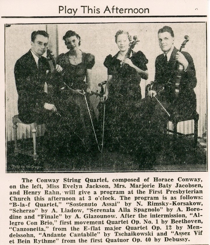 <p>Flicka’s parents, Evelyn Jackson (2nd from left) and Henry Rahn (right), met in this string quartet and married soon after. </p>