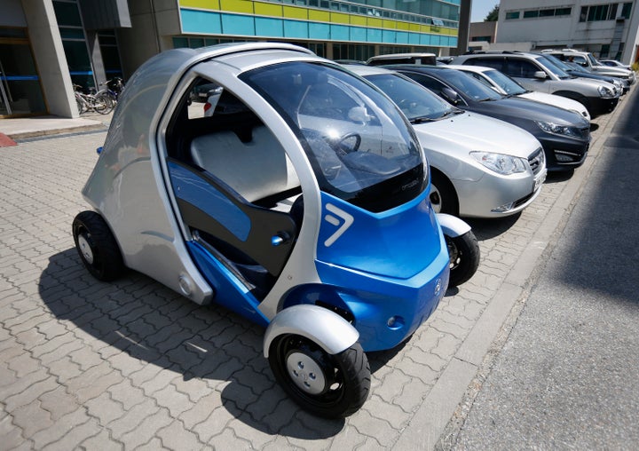 This collapsable electric vehicle uses batteries instead of combustion engines. Daejeon, South Korea, Sept. 2, 2013.