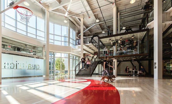 Qualtrics has an established campus featuring basketball, a breakfast cereal bar, and an accessible outdoor WiFi garden
